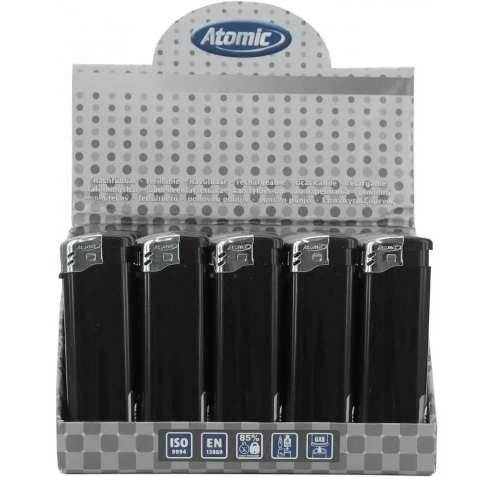 Zapalniczka piezo ATOMIC LED czarna BOX 50 szt