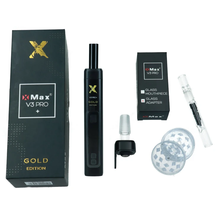 Zestaw - Waporyzator X-Max V3 Pro+ Gold Edition + Adapter do bonga + Plastikowy młynek + Lufka z węglem aktywnym