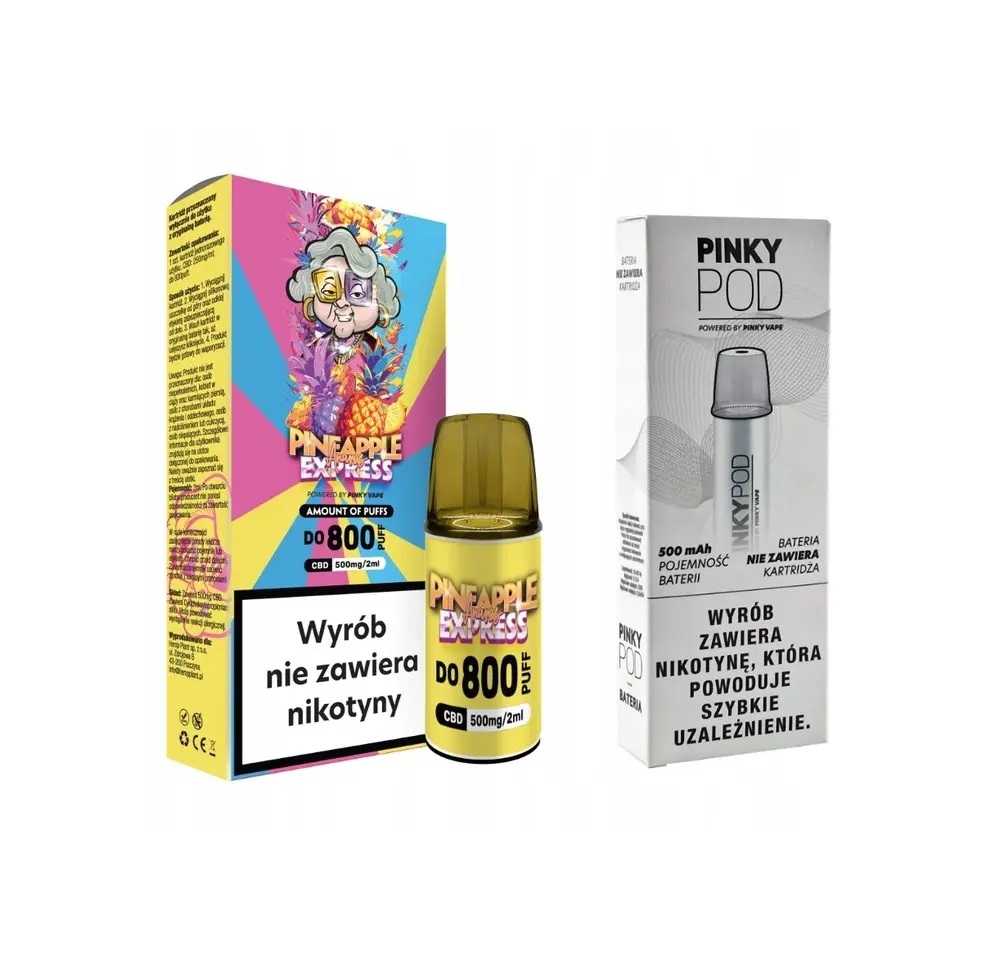 Zestaw vape z CBG Pineapple Express Babcia Marysia – kartridż 500 mg i bateria Pinky Pod. Opakowania kolorowe, produkt nie zawiera nikotyny (kartridż), natomiast bateria z ostrzeżeniem o nikotynie, waporyzacja cbd / cbg 