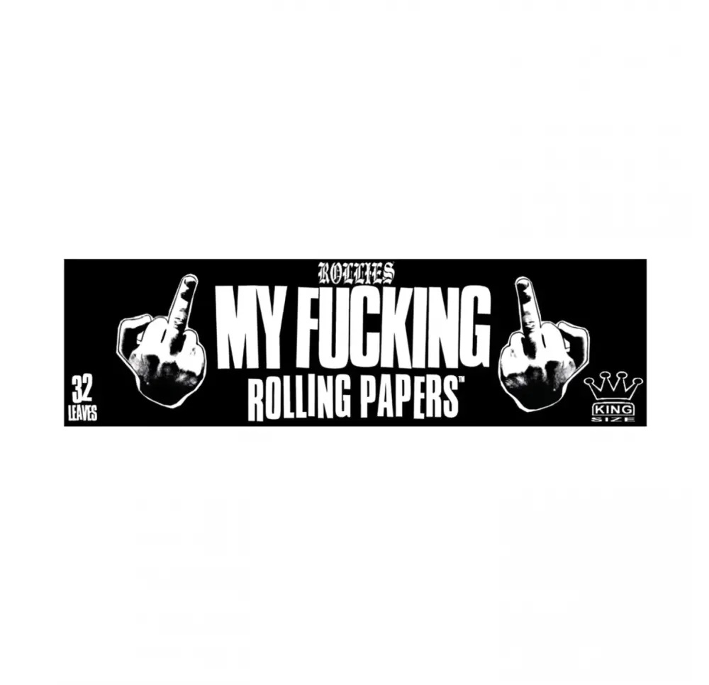 Opakowanie bibułek My Fucking Rolling Papers w rozmiarze King Size, z czarnym tłem, białym napisem i grafikami dłoni pokazujących środkowy palec, bletki king size 