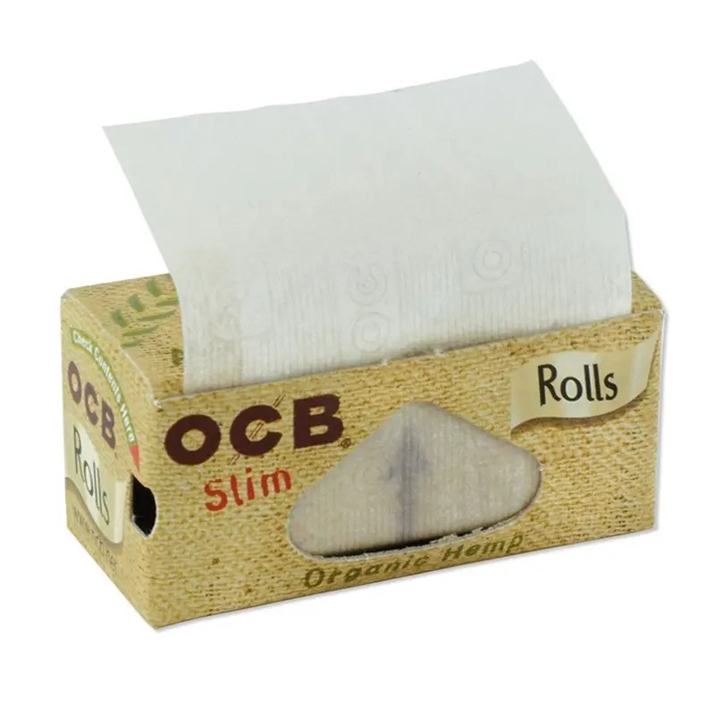 Bibułki OCB Organic Hemp Slim na rolce – ekologiczne, konopne bibułki w naturalnym kartonowym opakowaniu z okienkiem i wysuwaną taśmą, bletki na rolce 