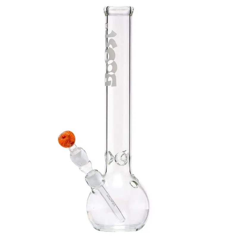 Szklane bongo lodowe Boost Bouncer o wysokości 41 cm z pomarańczowym cybuchem, rurką dyfuzyjną i miejscem na lód, wykonane z przezroczystego szkła, Bonga Boost Original 