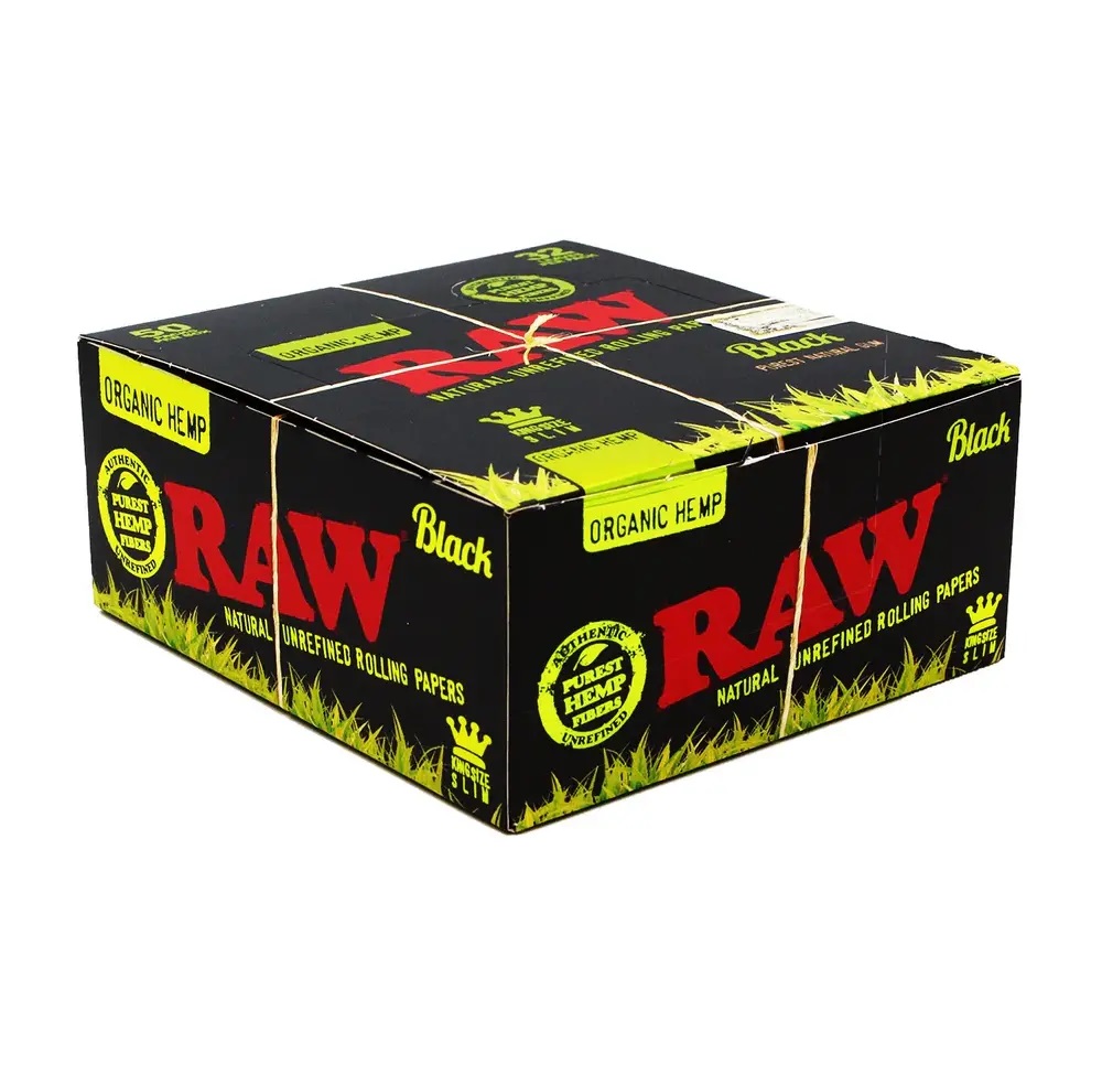 Zbiorcze opakowanie RAW Black Organic Hemp King Size Slim – box zawierający 50 paczek naturalnych bibułek z organicznych włókien konopi, opakowania zbiorcze 