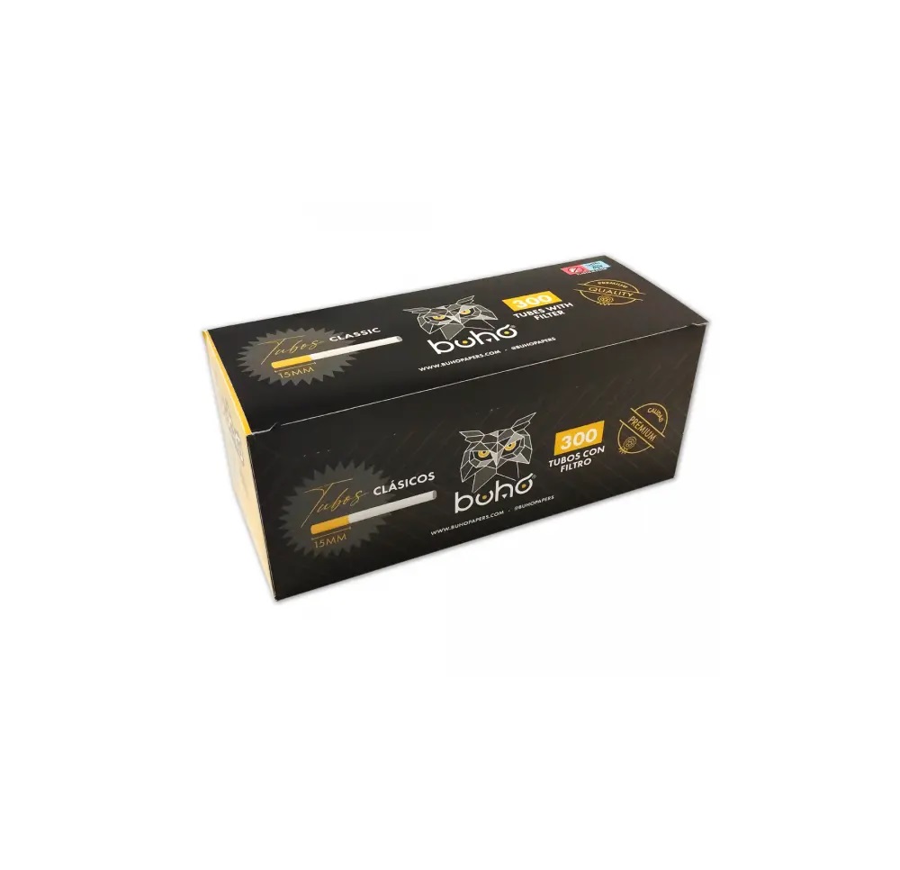 Opakowanie gilz Buho Classic – 300 sztuk z filtrem, w czarnym kartonie z logo sowy i złotymi akcentami, długość gilzy 84 mm, gilzy 