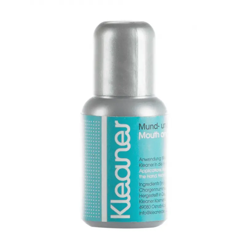 Butelka 30 ml płynu Kleaner do higieny jamy ustnej i skóry, bez dozownika, w szaro-turkusowym opakowaniu z niemieckimi i angielskimi napisami, perfumy i kosmetyki