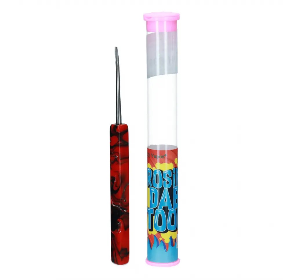 Stalowy dabber LTQ Vapor z czerwono-czarną rączką, model D, przeznaczony do aplikacji koncentratów, zaprezentowany obok kolorowego opakowania z napisem Rosin Dab Tool  KATEGORIA:  Pogrzebacze, Dabbery  