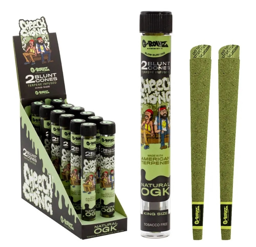 Wrapy konopne G-Rollz Cheech & Chong Natural OGK – 2 stożki king size w tubie z grafiką i napisem „terpene infused”, bez tytoniu, bletki gotowe 