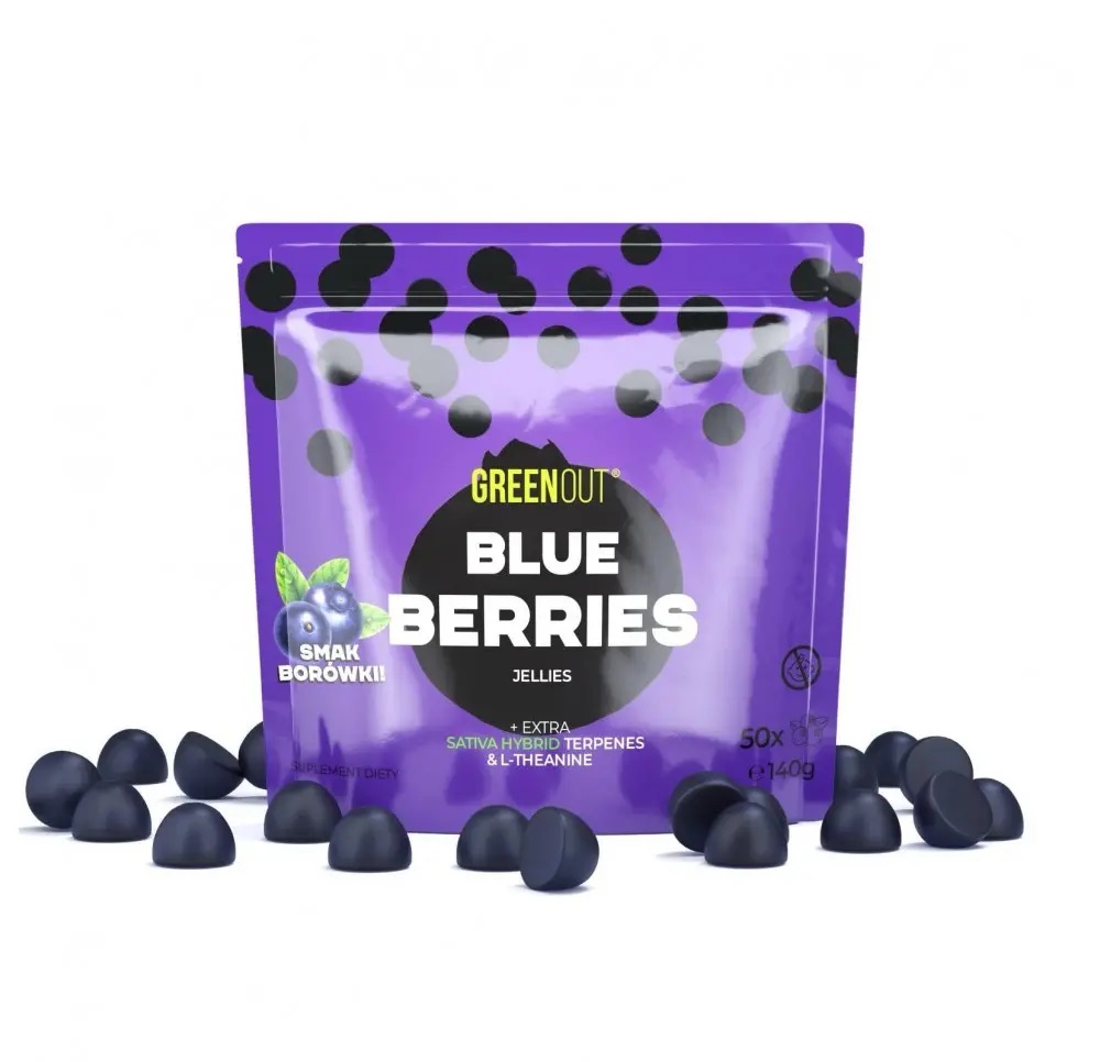Żelki konopne Green Out Blueberries – fioletowe opakowanie z napisem "Smak borówki", przedstawiające czarne żelki rozsypane wokół. Zawierają terpeny hybrydowe sativa i L-teaninę, żelki cbd / cbg 