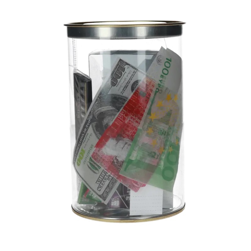 Zestaw Happy w puszce z bibułkami, młynkiem i nadrukiem banknotów, zestaw na prezent 