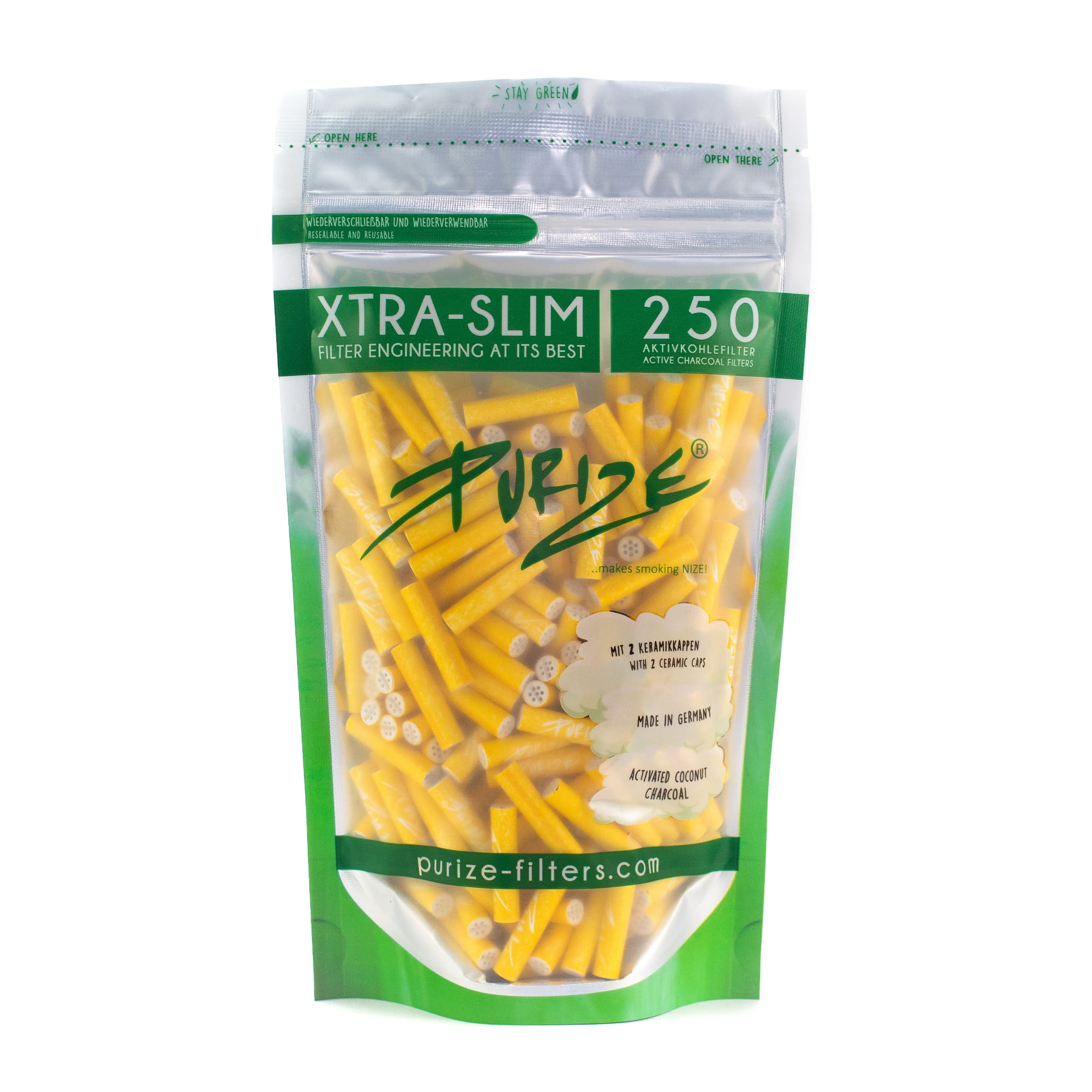 Na zdjęciu widoczne są Filtry z Aktywnym Węglem Purize Xtra Slim 250 sztuk - Yellow.