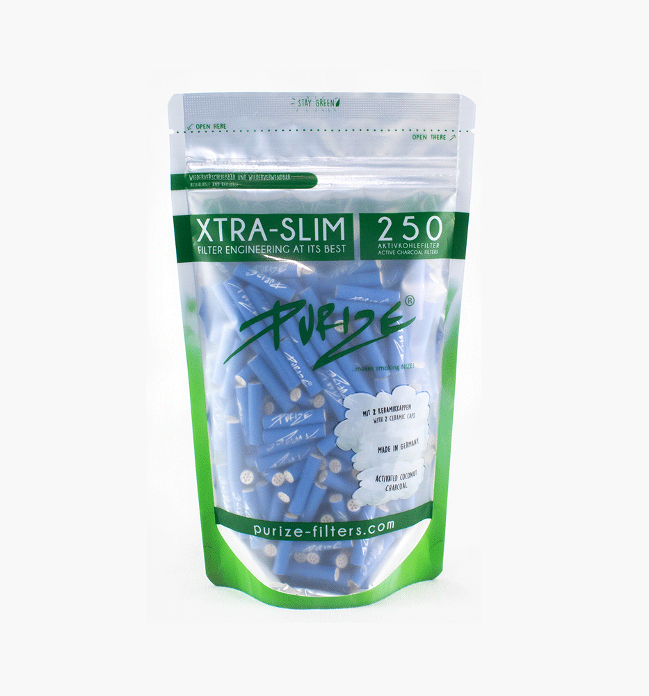 Na zdjęciu widoczne są Filtry z Aktywnym Węglem Purize Xtra Slim 250 sztuk - Blue.