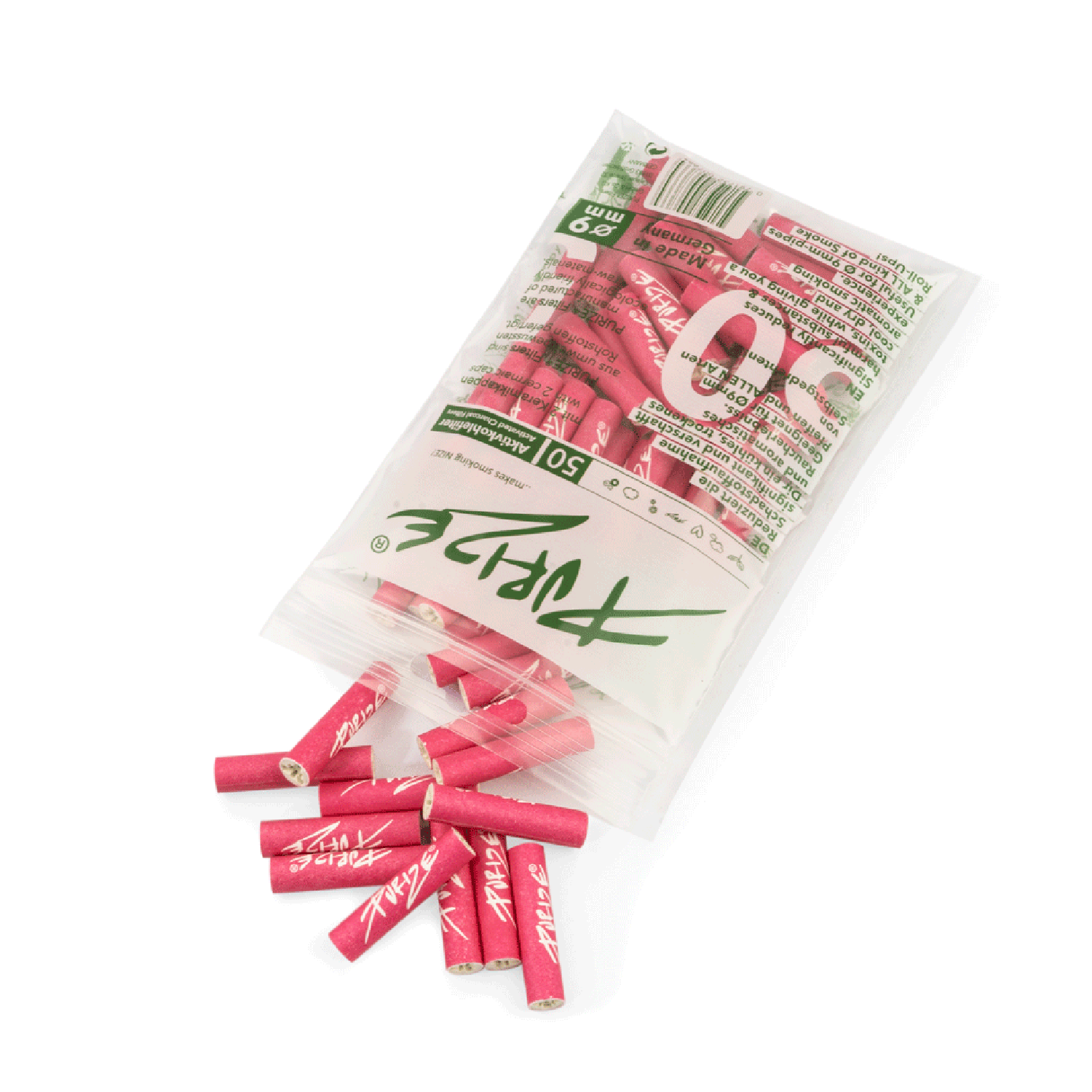 Na zdjęciu widoczne są Filtry z Aktywnym Węglem Purize REGULAR Pink 9 mm / 50 szt..