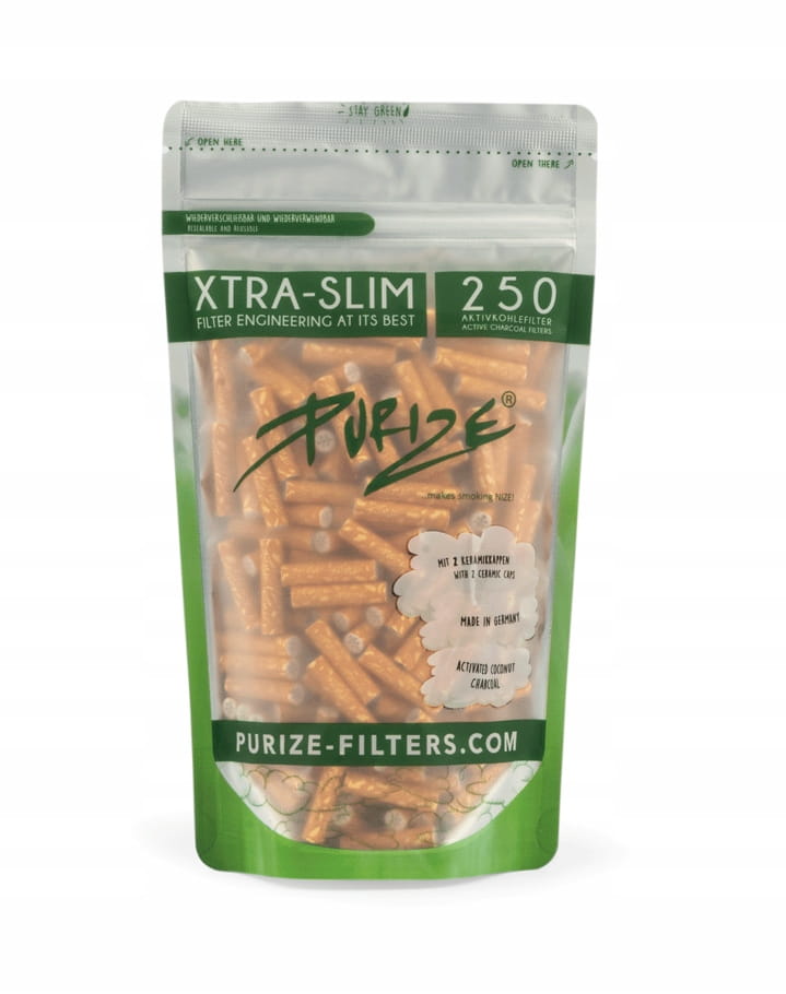 Na zdjęciu widoczne są Filtry z Aktywnym Węglem Purize Xtra Slim 250 sztuk - Spy.
