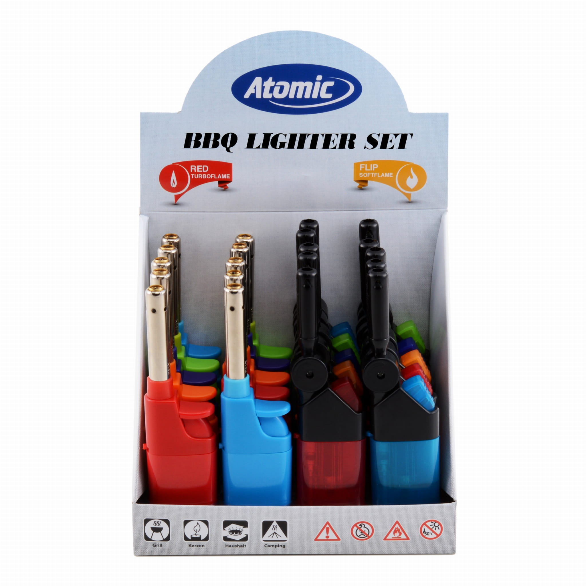 Zdjęcie przedstawia Zapalniczka piezo ATOMIC mini BBQ BOX 20 szt.
