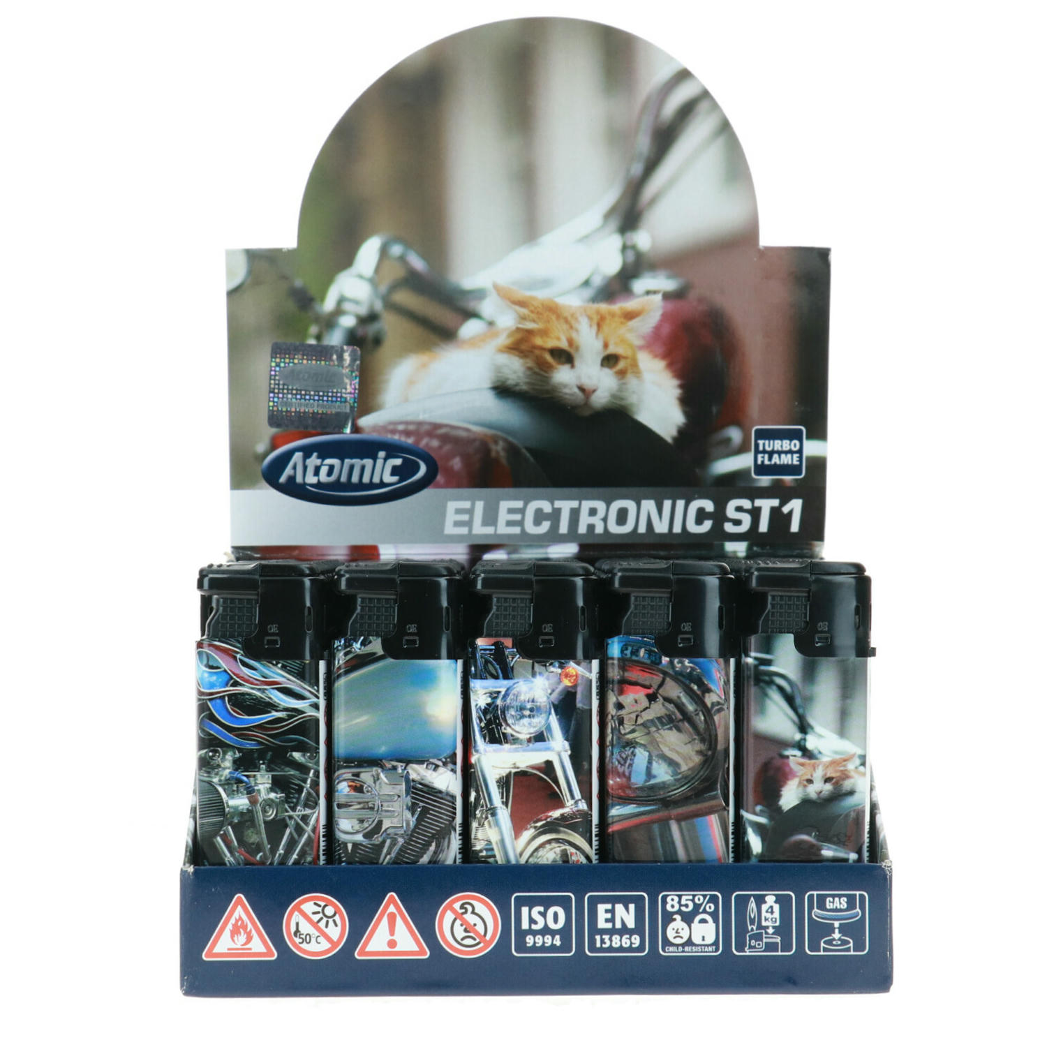 Zdjęcie przedstawia Zapalniczka piezo ATOMIC SWING BOX 50 szt.