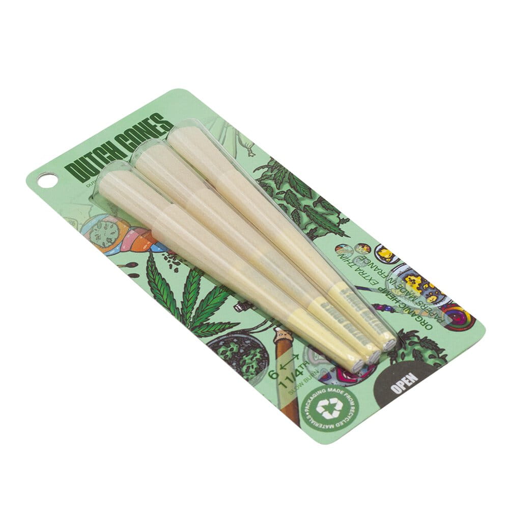 Na zdjęciu widoczne są Bibułki skręcone Dutch Cones 1 1/4 Organic Hemp 6 szt..