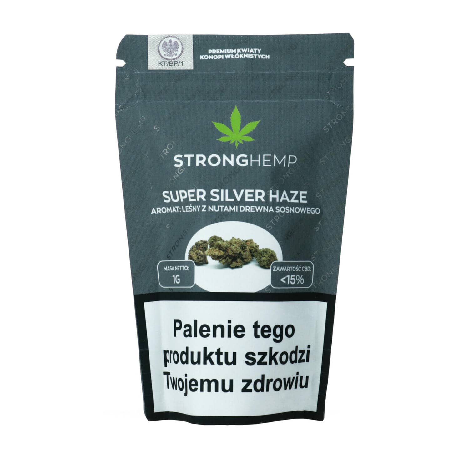 Zdjęcie przedstawia produkt Susz konopny CBD „Super Silver Haze” o aromacie leśnym z nutami drewna sosnowego 1g.