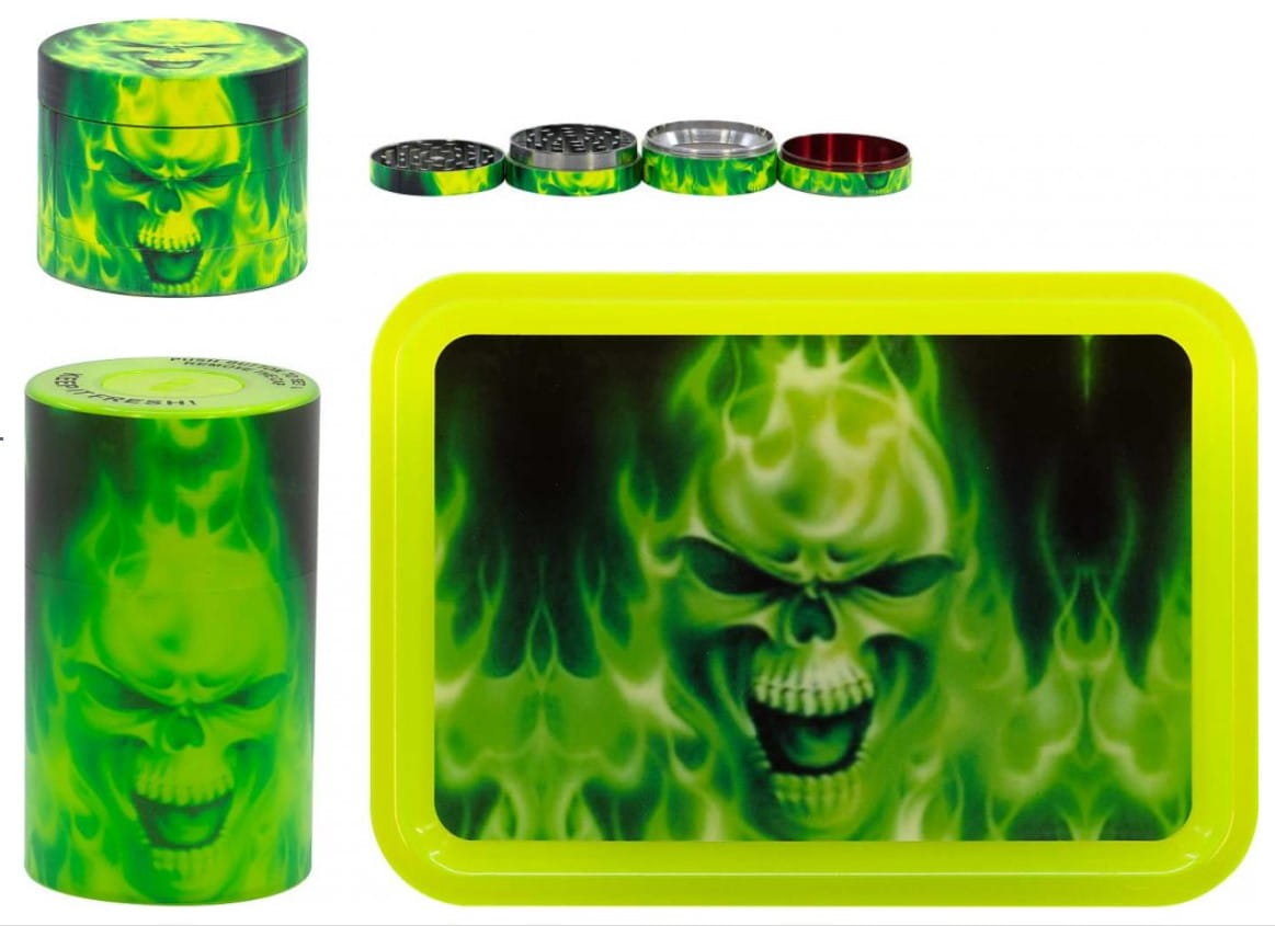 Zdjęcie przedstawia produkt Zestaw młynek, tacka 18x12,5 cm, schowek Flames.