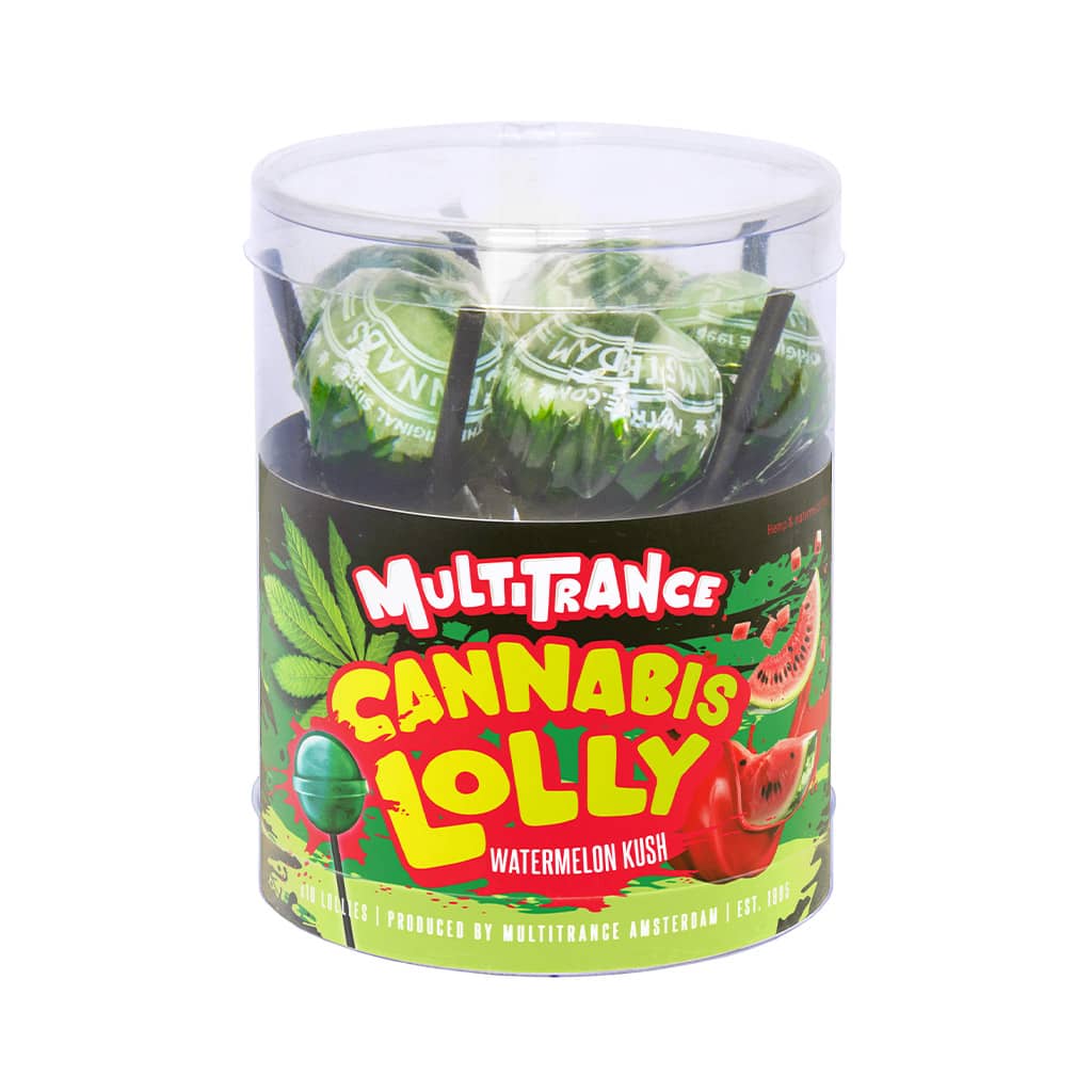 Zdjęcie przedstawia produkt Pudełko 10 lizaków konopnych - Watermelon Kush.