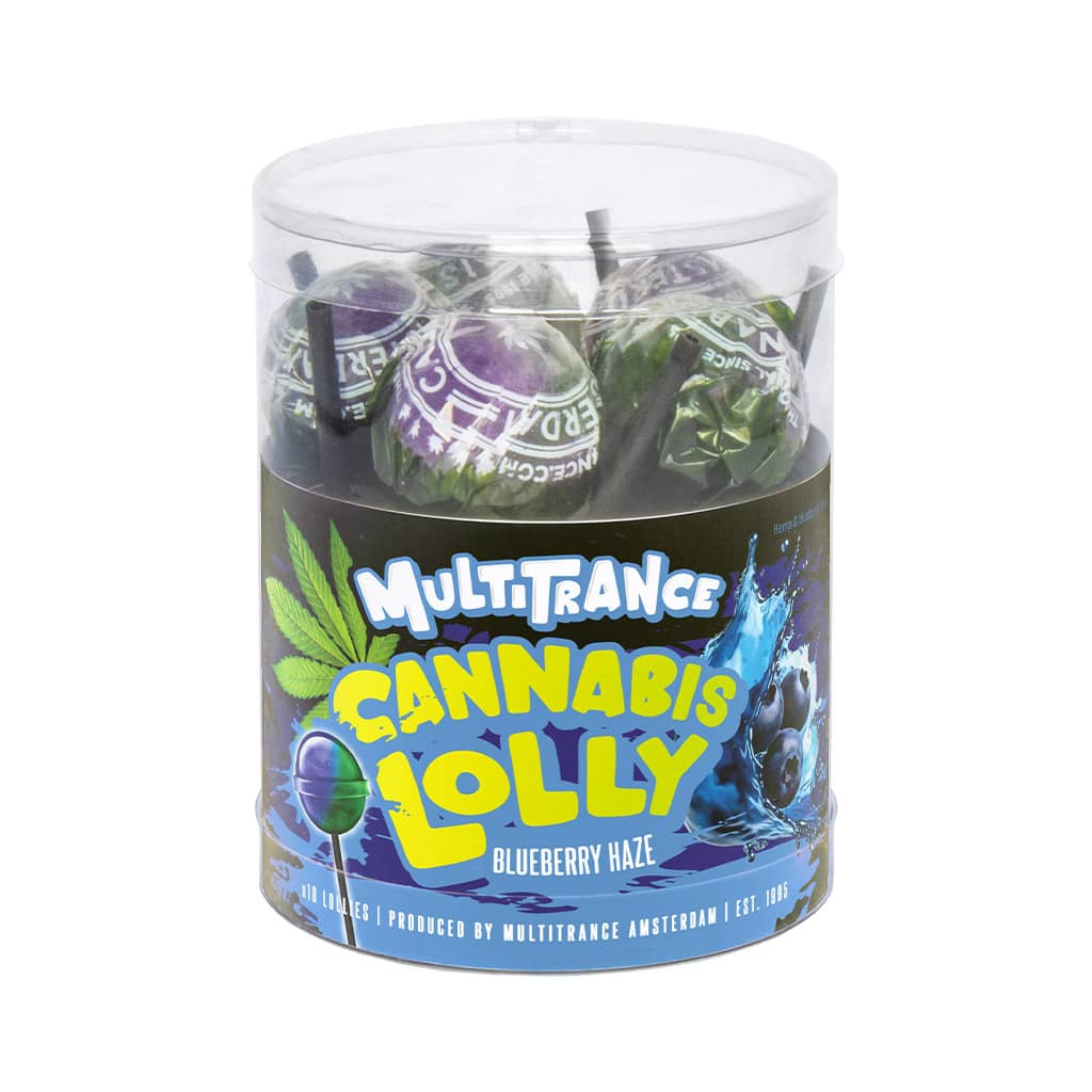 Zdjęcie przedstawia produkt Pudełko 10 lizaków konopnych - Blueberry Haze.