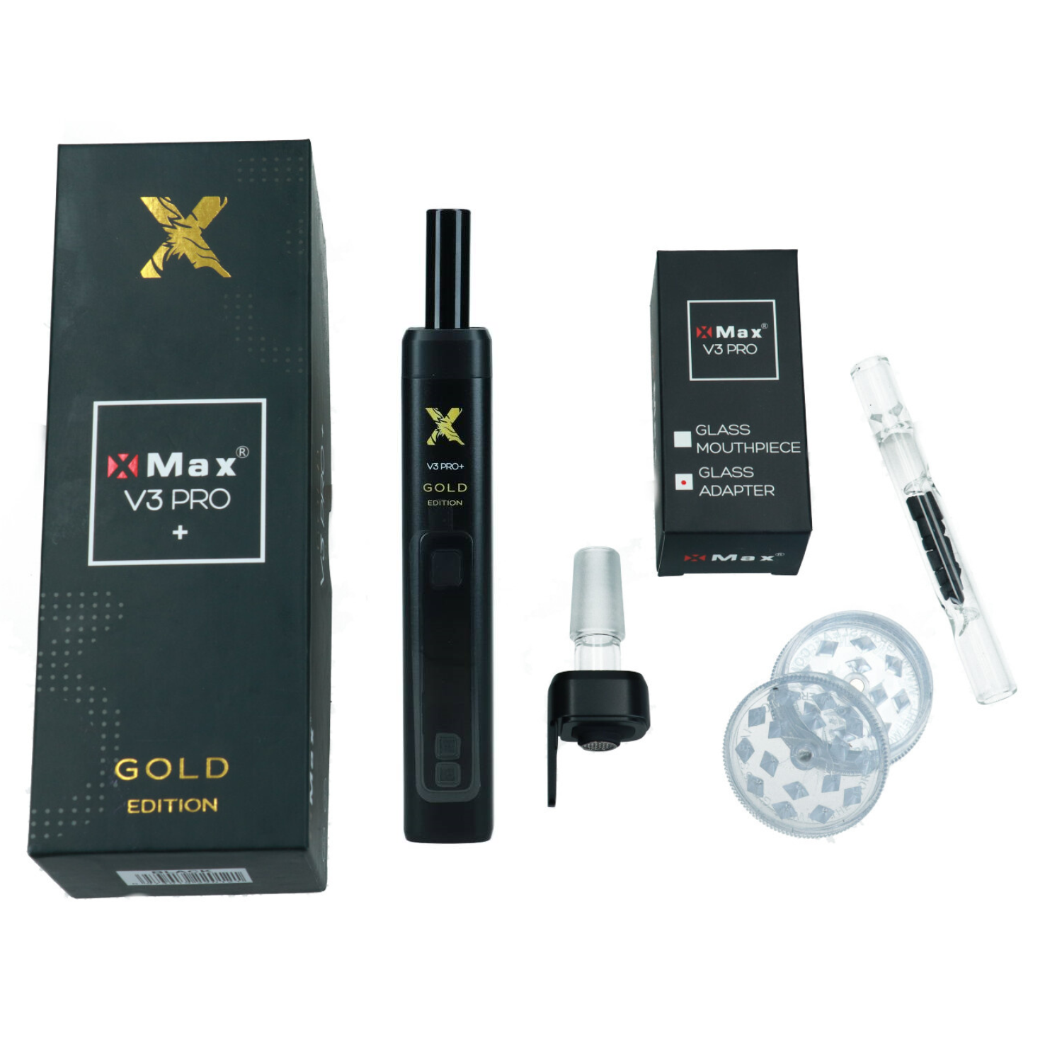 Zdjęcie przedstawia produkt Zestaw - Waporyzator X-Max V3 Pro+ Gold Edition + Adapter do bonga + Plastikowy młynek + Lufka z węglem aktywnym.