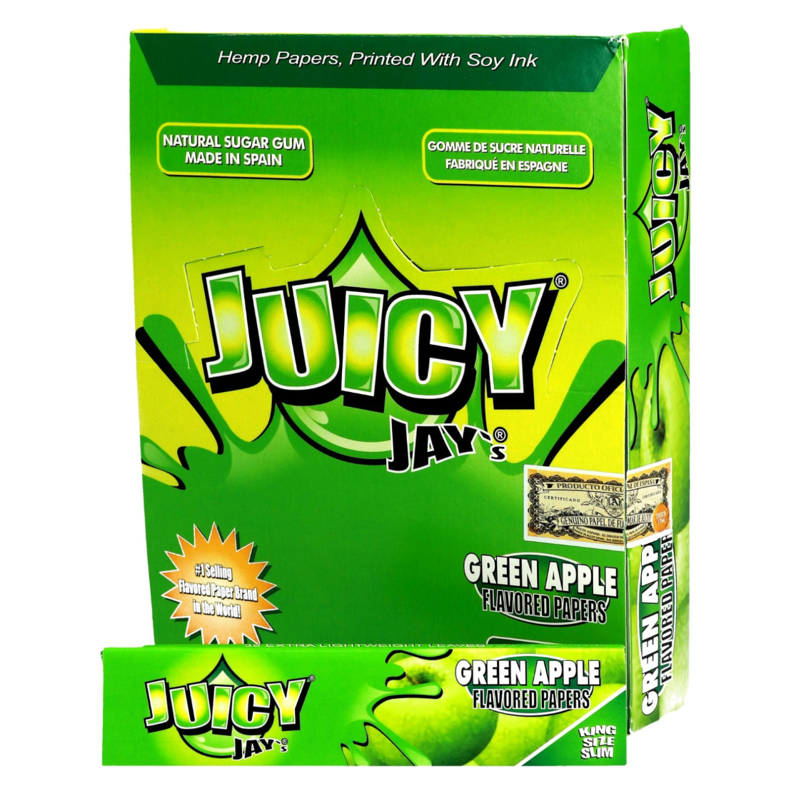 Zdjęcie przedstawia produkt BOX - 24 x Bibułki Juicy Jay's Green Apple King Size Slim - Jabłko.