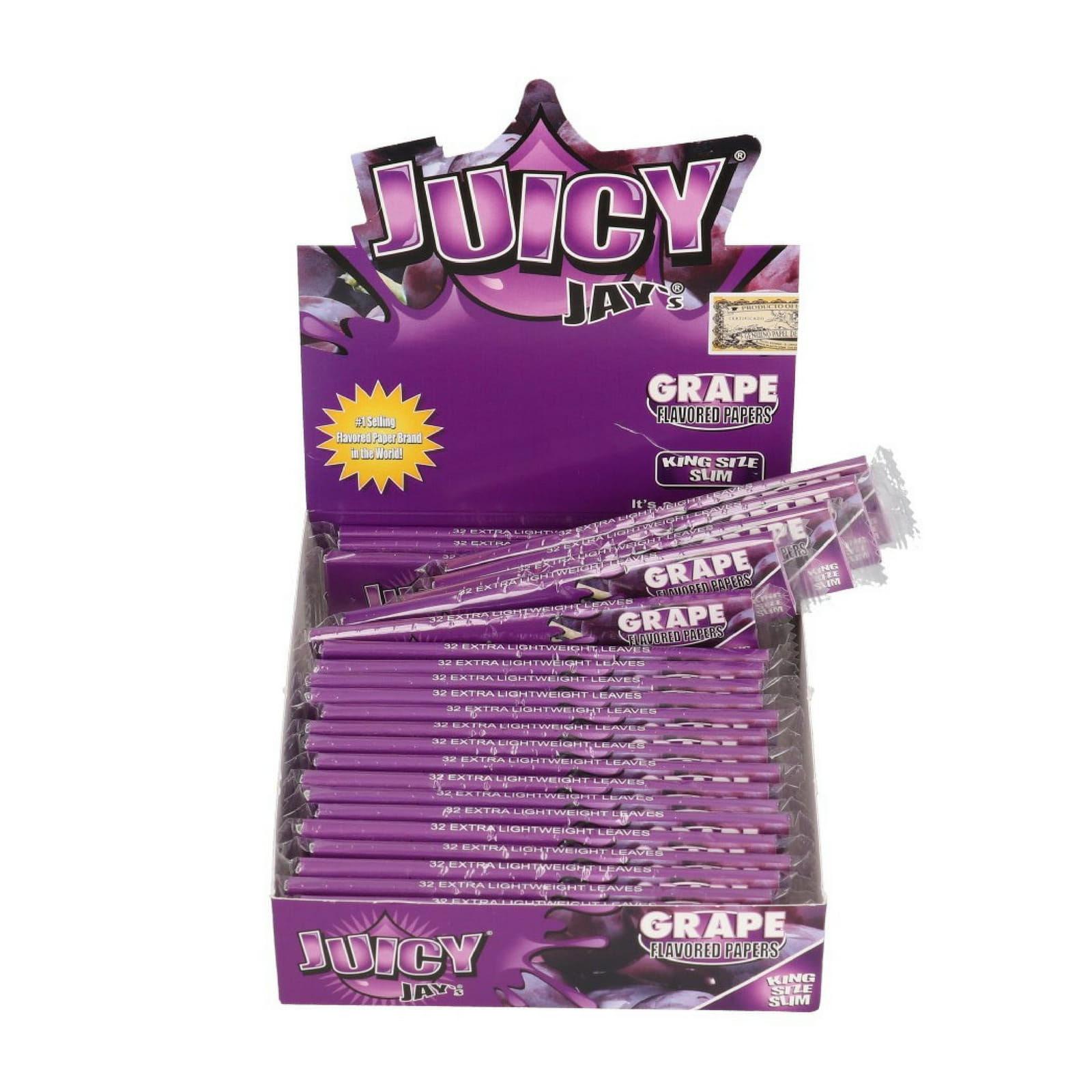Zdjęcie przedstawia produkt BOX - 24 x Bibułki Juicy Jay's Grape King Size Slim - Winogrono.