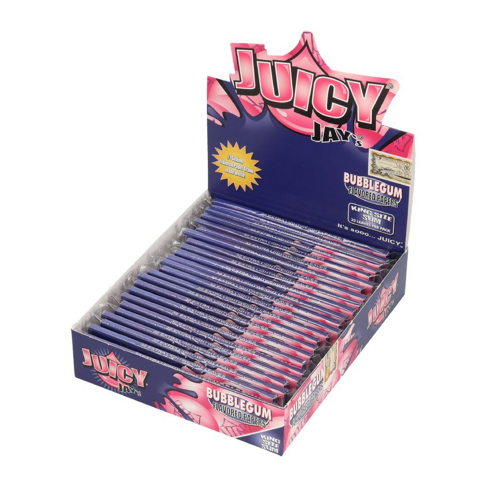 Zdjęcie przedstawia produkt BOX - 24 x Bibułki Juicy Jay's Bubble Gum King Size Slim - Guma do Żucia.