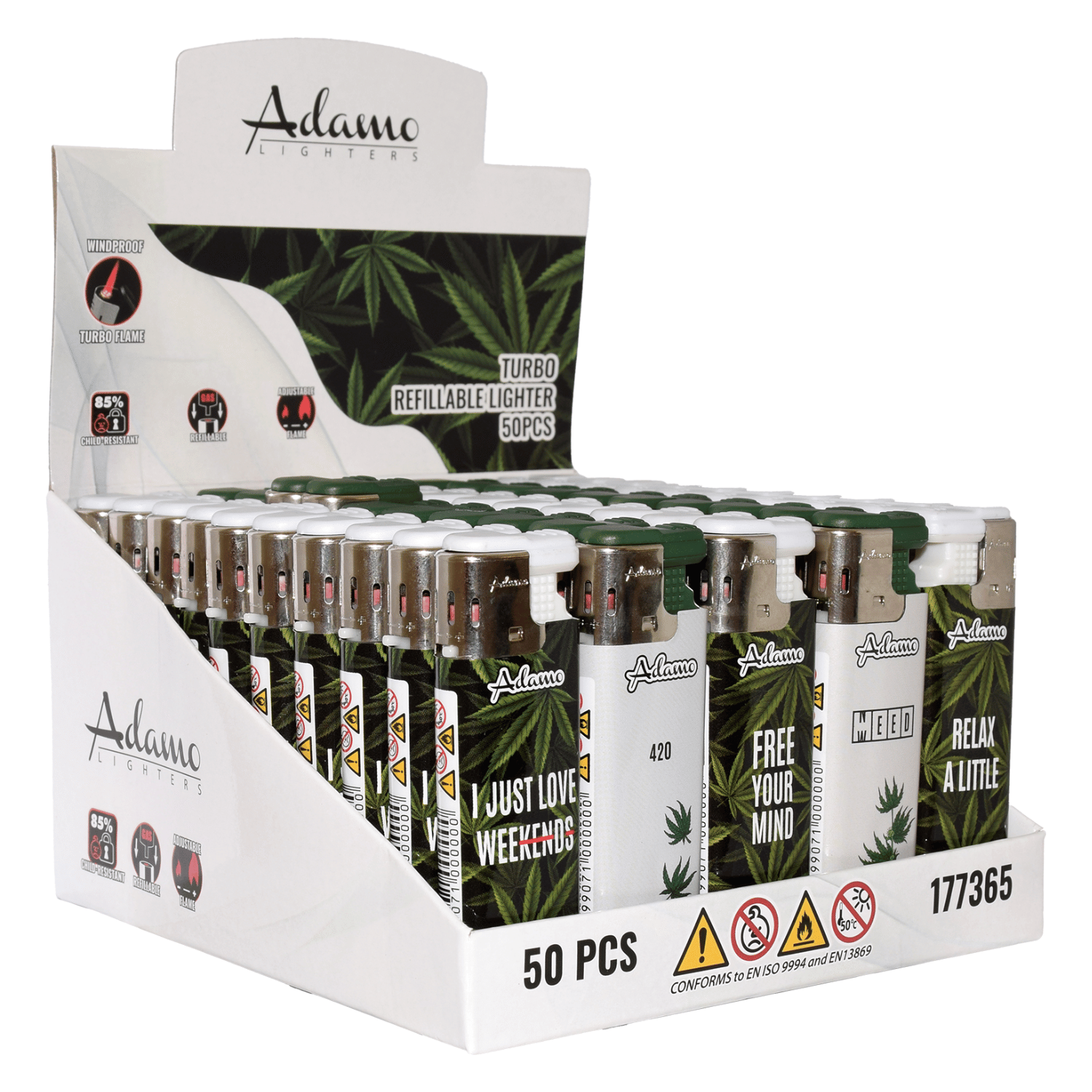 Zdjęcie przedstawia produkt BOX - 50 x Zapalniczka żarowa Adamo Relax Weed MIX.